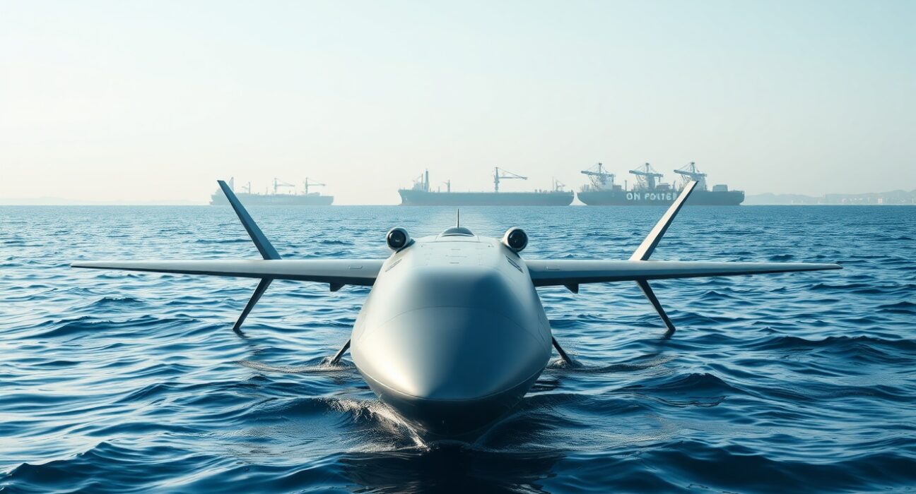A UK Royal Navy minesweeping drone operates in the strategic Strait of Hormuz to ensure maritime security.