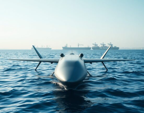 A UK Royal Navy minesweeping drone operates in the strategic Strait of Hormuz to ensure maritime security.