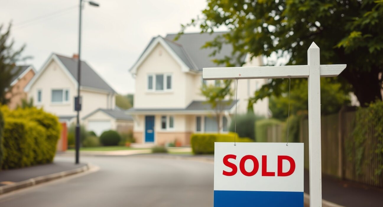 A residential street in the UK with a sold sign in front of a house, representing mortgage approvals and the housing market.