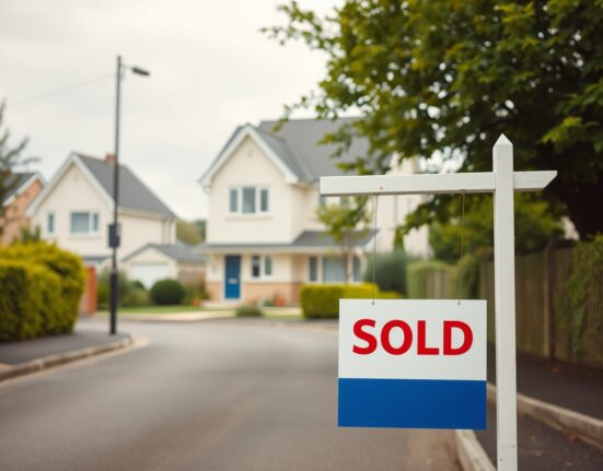 A residential street in the UK with a sold sign in front of a house, representing mortgage approvals and the housing market.