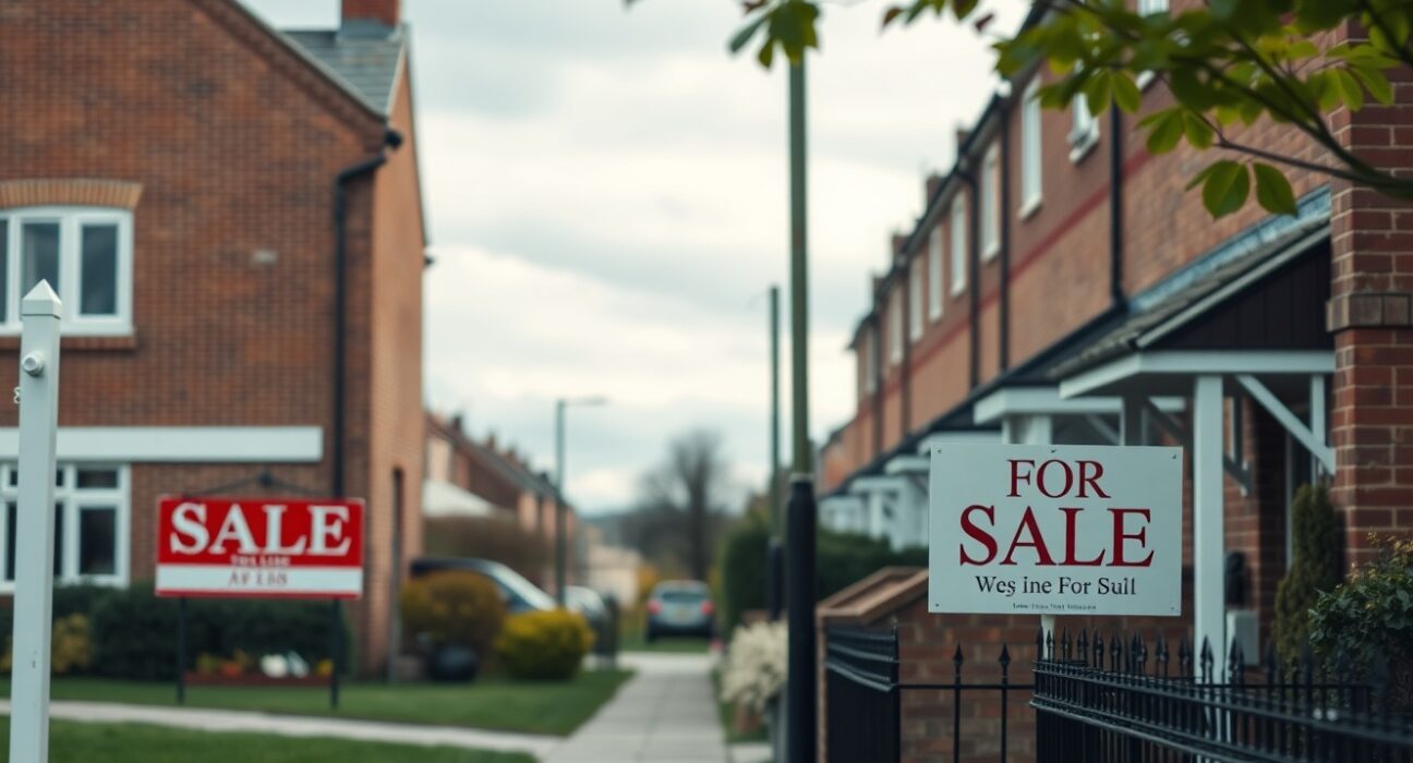 UK residential street with a For Sale sign under overcast sky, representing the housing market