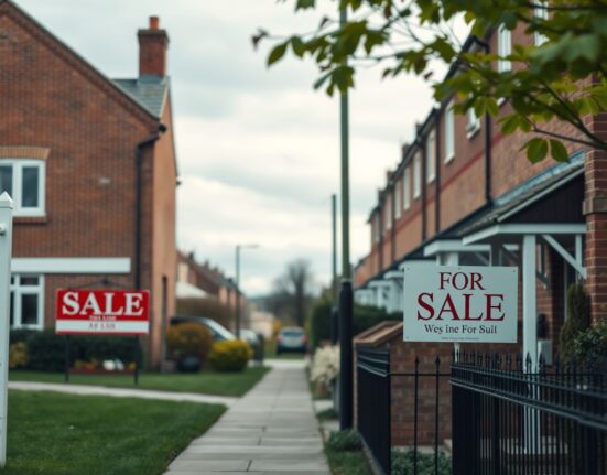 UK residential street with a For Sale sign under overcast sky, representing the housing market