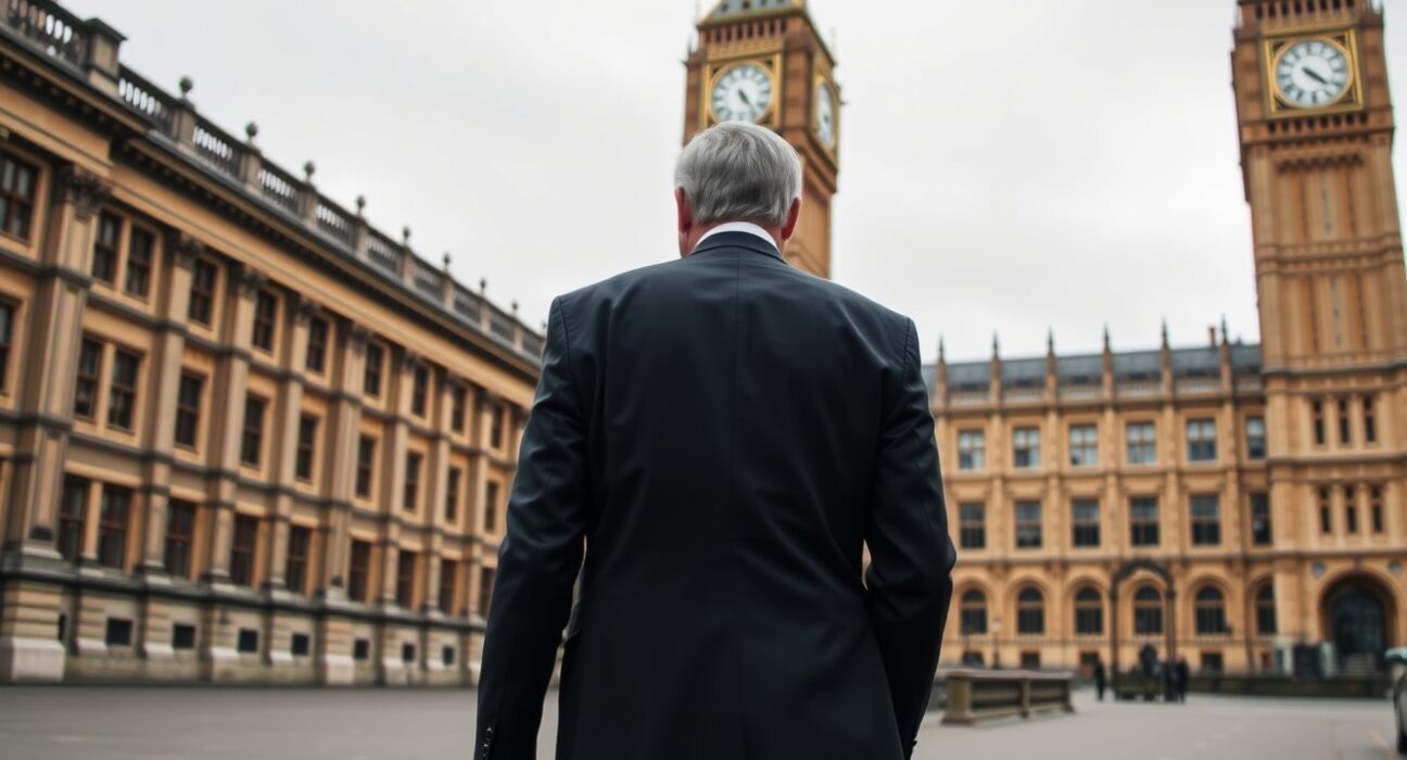 Nigel Farage walks toward the UK Parliament amid an ethics probe over a £5 million crypto investor donation.