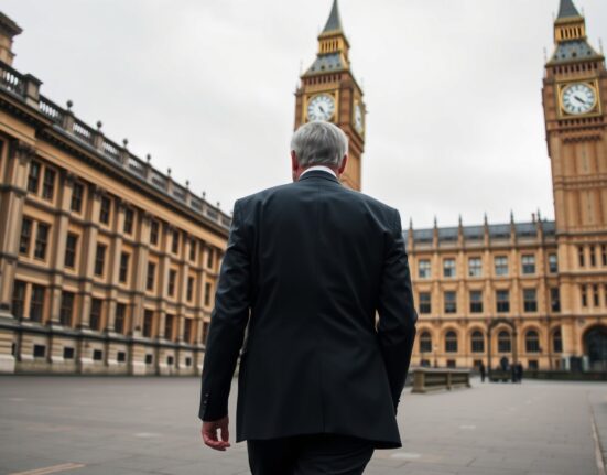 Nigel Farage walks toward the UK Parliament amid an ethics probe over a £5 million crypto investor donation.