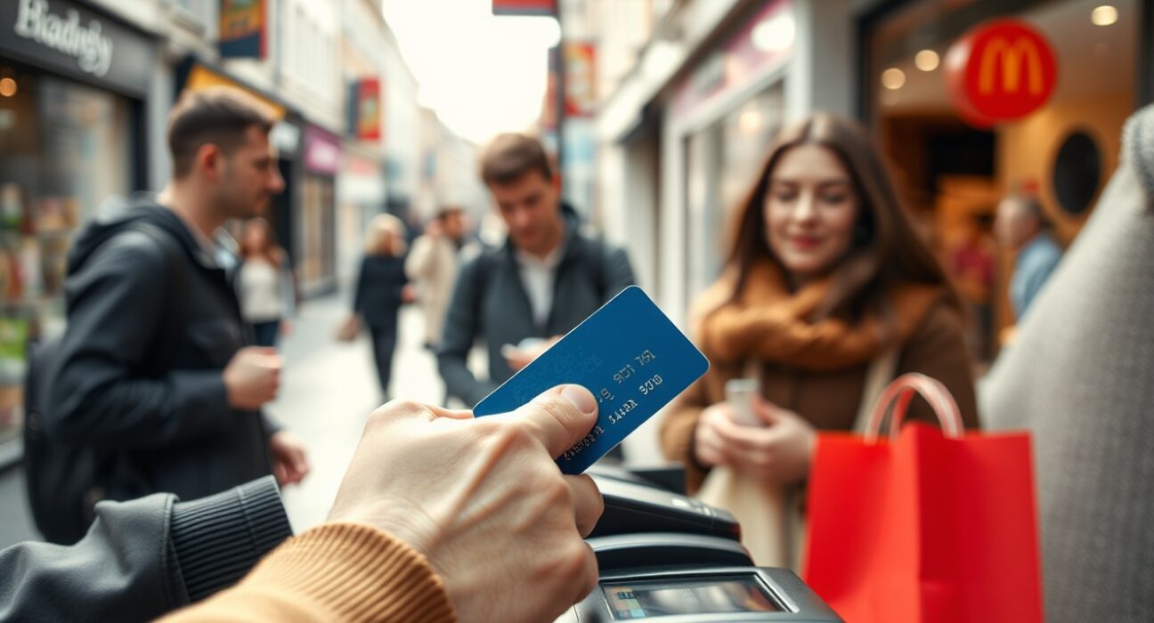 Close-up of a person using a credit card at a UK retail store, representing consumer borrowing