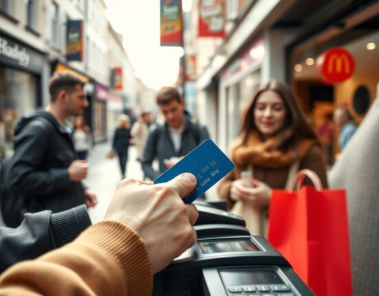 Close-up of a person using a credit card at a UK retail store, representing consumer borrowing