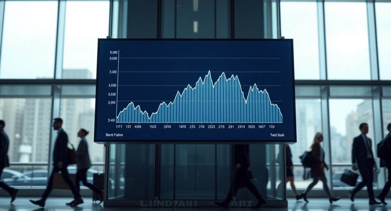 Digital financial display in a London bank lobby showing lending data with downward trends.