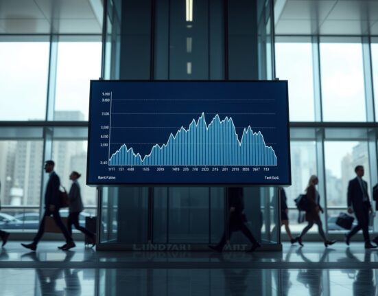 Digital financial display in a London bank lobby showing lending data with downward trends.