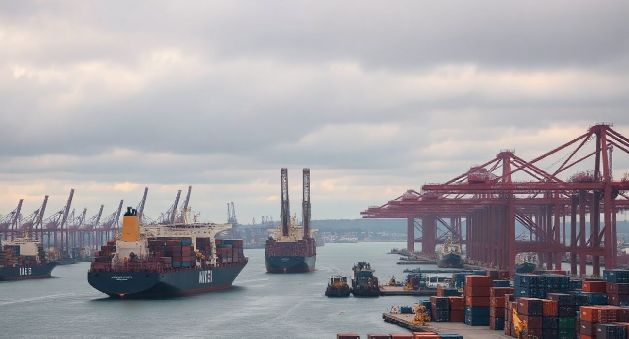 Container ships and cranes at a UK port, illustrating trade activity