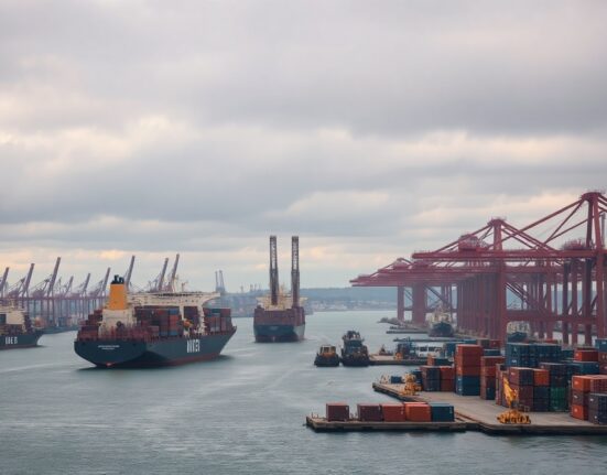 Container ships and cranes at a UK port, illustrating trade activity