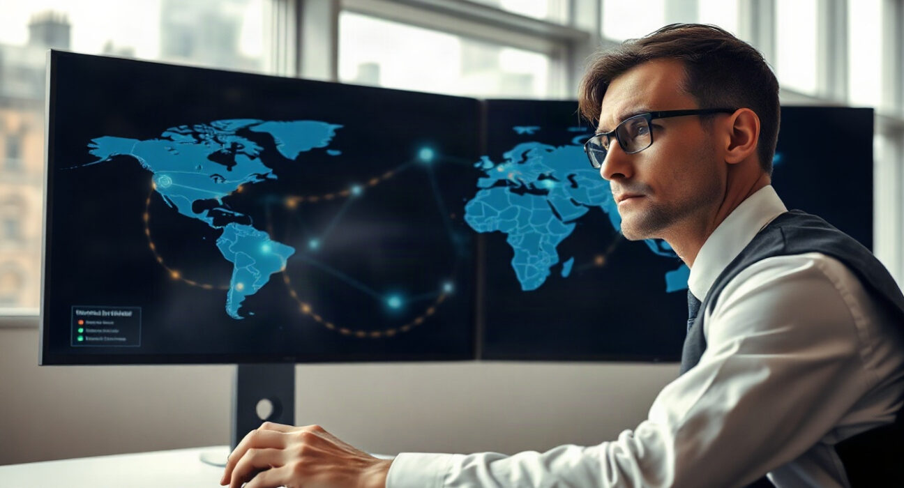 Compliance officer in London reviewing transaction data on a screen, symbolizing UK crypto sanctions enforcement.