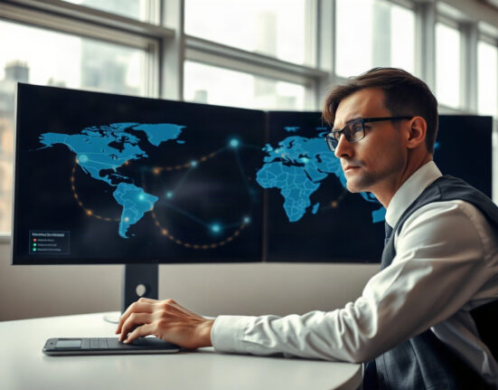Compliance officer in London reviewing transaction data on a screen, symbolizing UK crypto sanctions enforcement.
