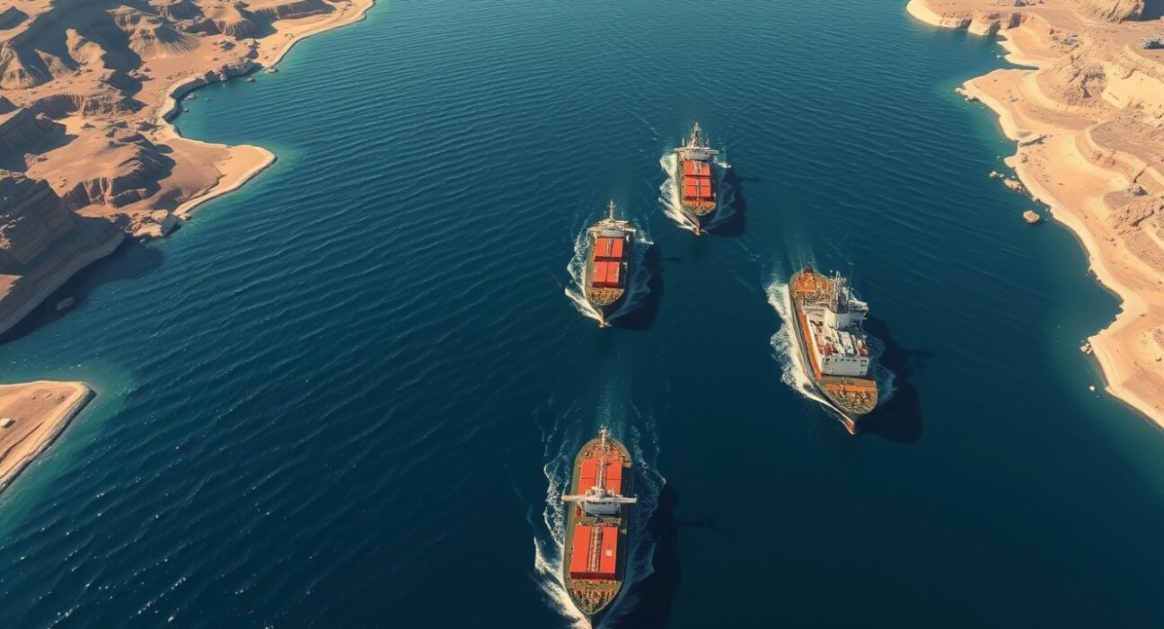 Strategic aerial view of the Strait of Hormuz with commercial ships navigating the narrow waterway.