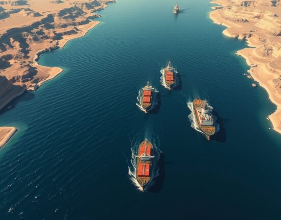Strategic aerial view of the Strait of Hormuz with commercial ships navigating the narrow waterway.