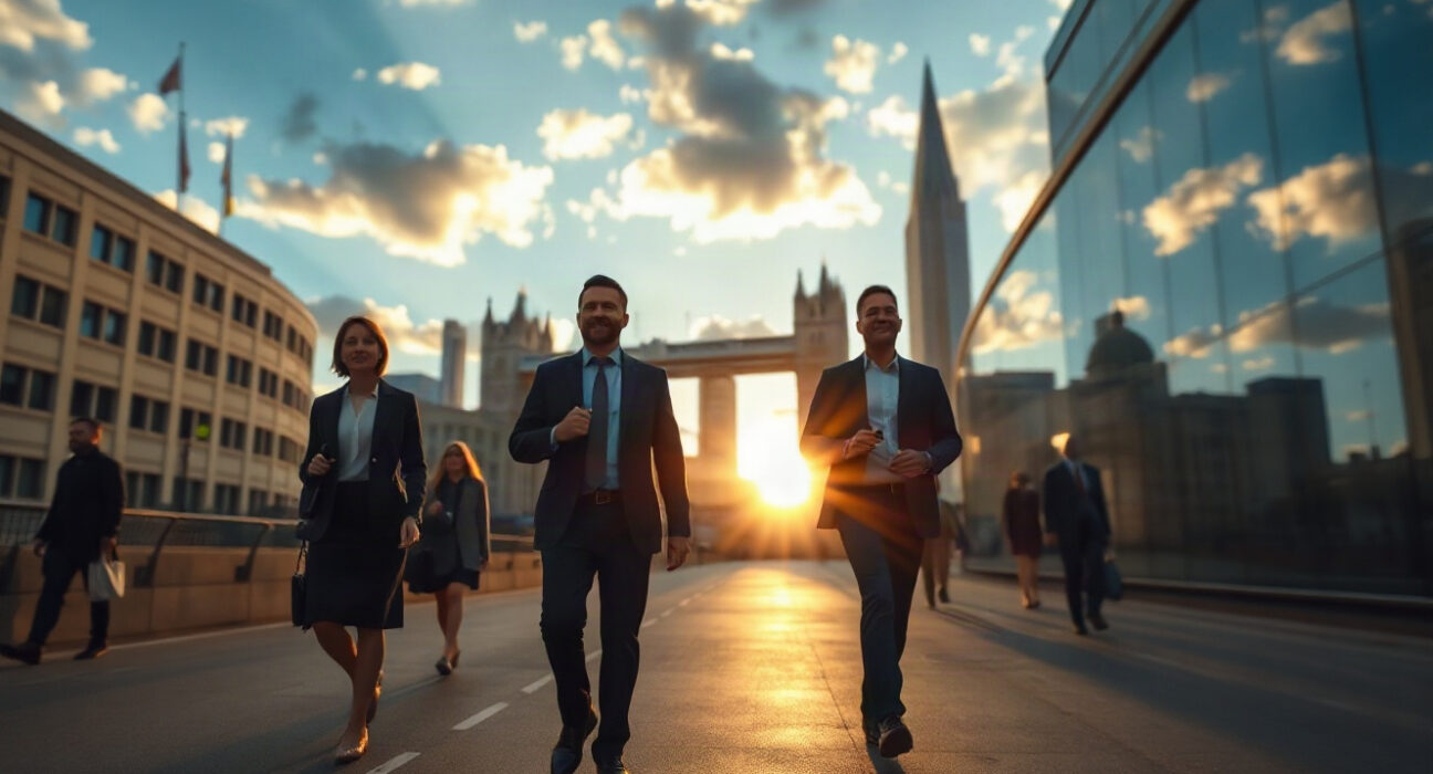 London financial district at dawn with business professionals walking, reflecting improved UK economic sentiment.