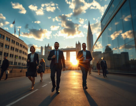 London financial district at dawn with business professionals walking, reflecting improved UK economic sentiment.
