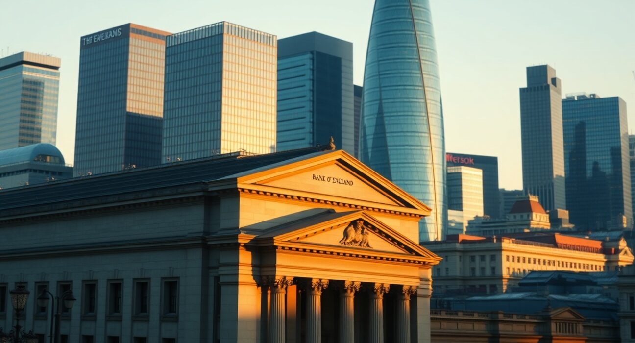 Bank of England and London financial district representing UK political risk impact on bond markets