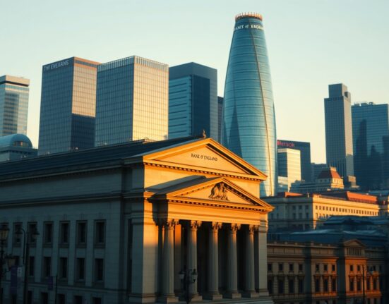 Bank of England and London financial district representing UK political risk impact on bond markets