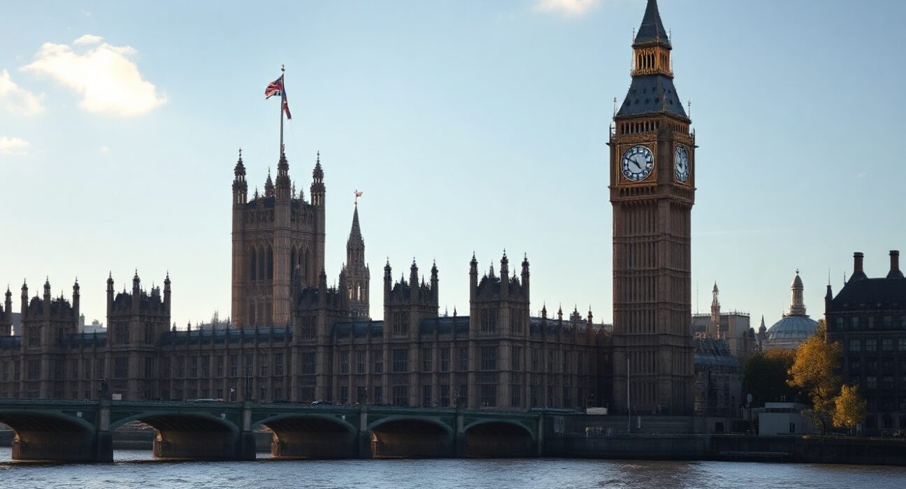 The UK Parliament building in London, with Big Ben, on a clear autumn day.