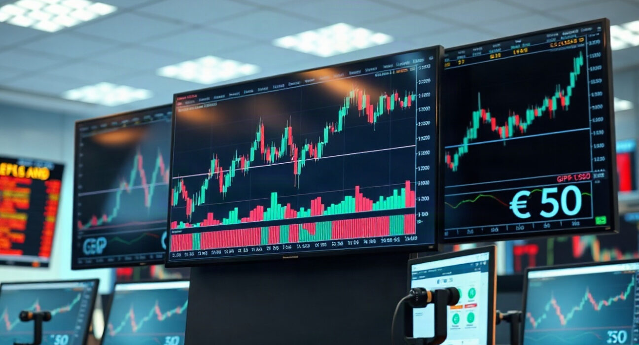 Financial trading screens showing GBP/USD chart and currency data