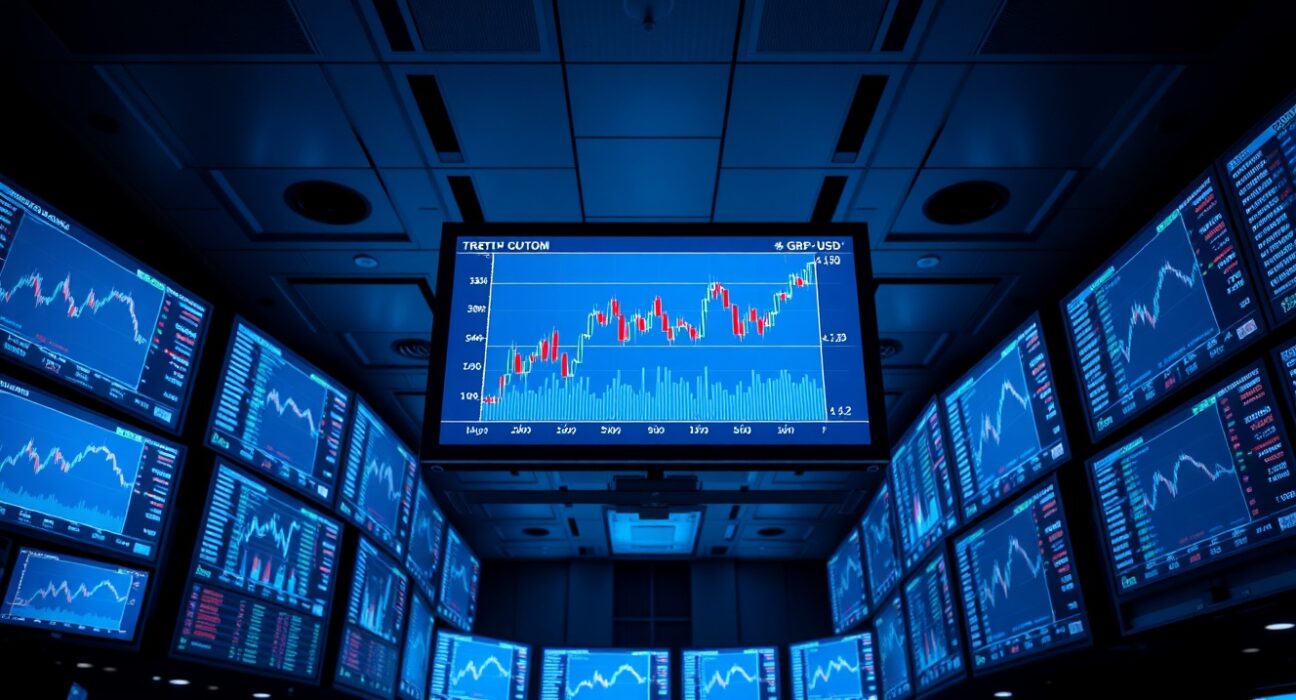 Financial trading floor monitors displaying GBP currency charts and data.