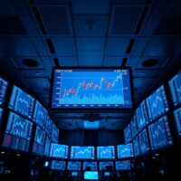 Financial trading floor monitors displaying GBP currency charts and data.
