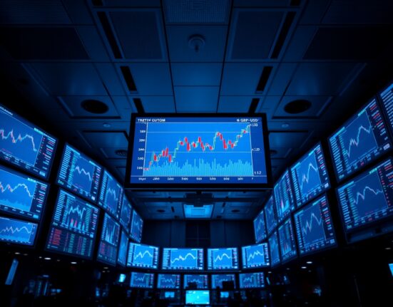 Financial trading floor monitors displaying GBP currency charts and data.