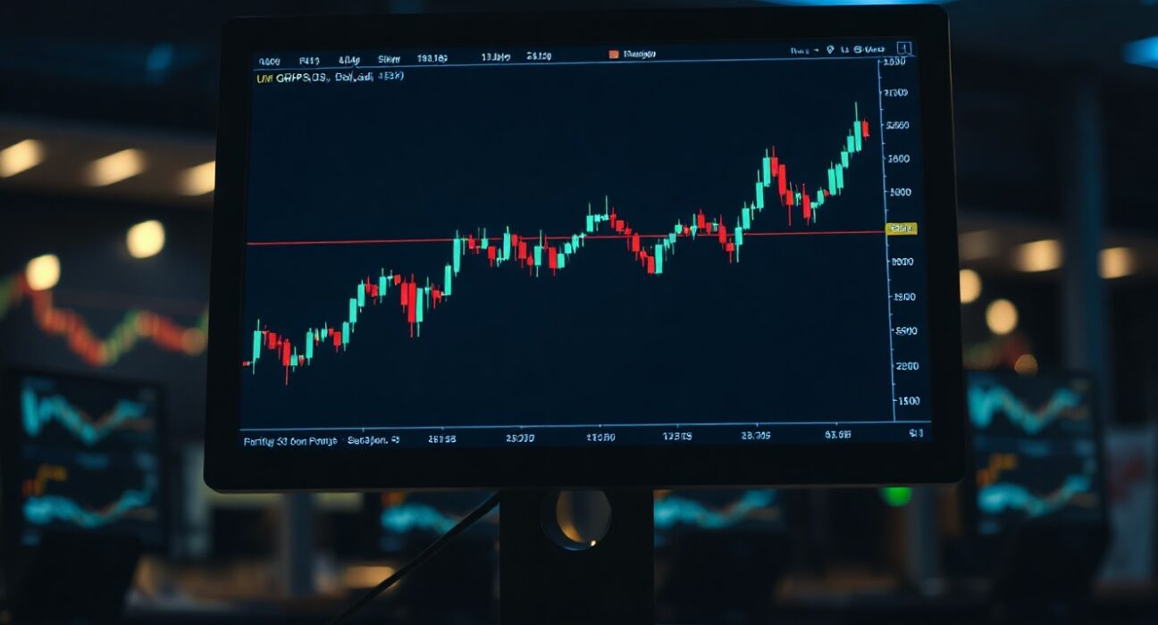 Trading monitor displaying a GBP/USD chart on a professional desk