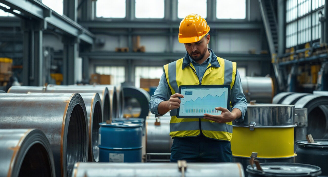 UK factory supervisor reviewing production cost data on a tablet