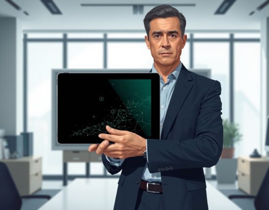 UK Reform Party political figure reviewing cryptocurrency donation data in professional office setting