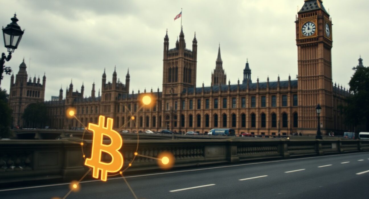 UK Houses of Parliament with subtle digital currency imagery representing crypto donations