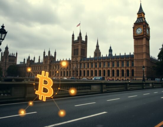 UK Houses of Parliament with subtle digital currency imagery representing crypto donations
