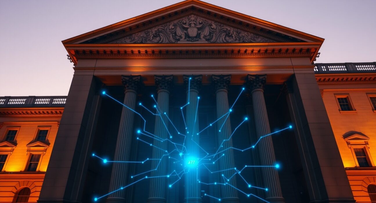 Bank of England building with digital payment network overlay representing 24-hour settlement system expansion for tokenization