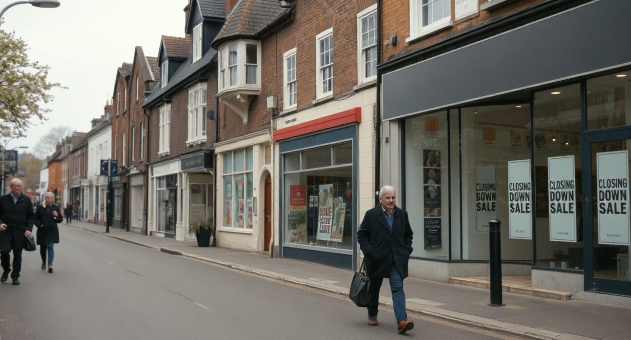 Quiet British high street with empty shops on a cloudy day reflecting weak retail sales