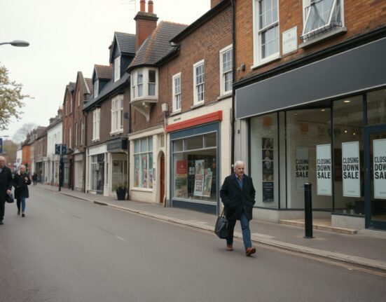 Quiet British high street with empty shops on a cloudy day reflecting weak retail sales