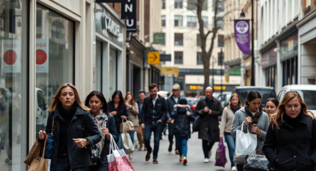 Shoppers on a UK high street carrying bags, illustrating retail activity
