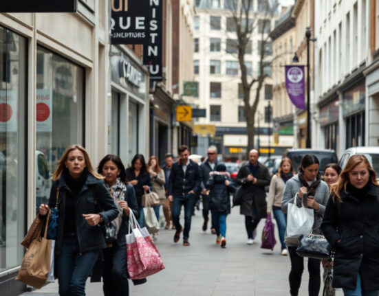 Shoppers on a UK high street carrying bags, illustrating retail activity