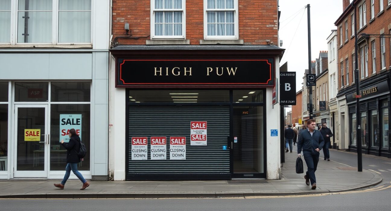 Closed retail shop on a quiet British high street under overcast sky