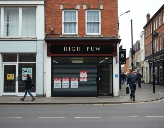 Closed retail shop on a quiet British high street under overcast sky