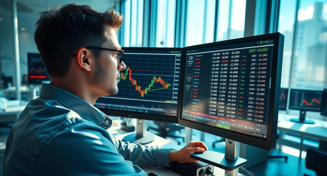 Trader analyzing UK Retail Sales data and GBP/USD charts for forex market decisions
