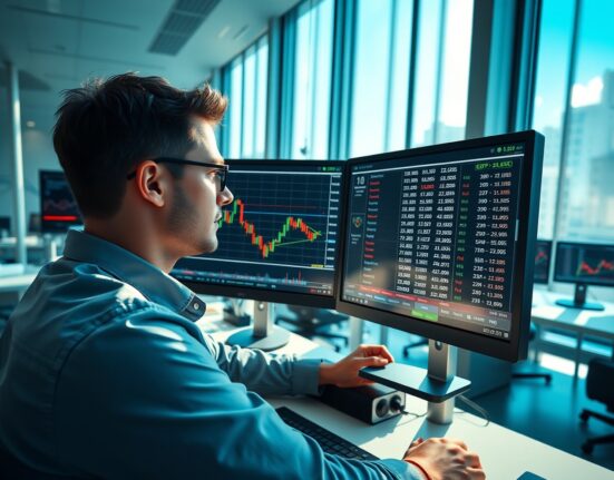 Trader analyzing UK Retail Sales data and GBP/USD charts for forex market decisions