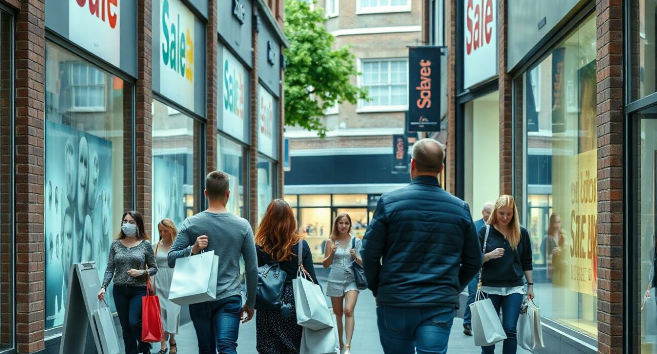 Shoppers on a UK high street carrying bags on a cloudy July day