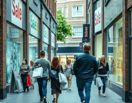 Shoppers on a UK high street carrying bags on a cloudy July day