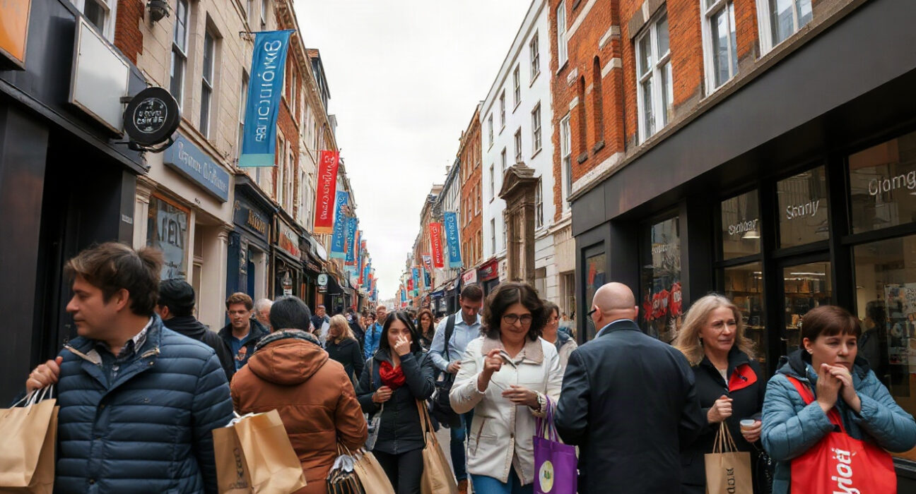 Shoppers on a busy UK high street in July, reflecting retail activity