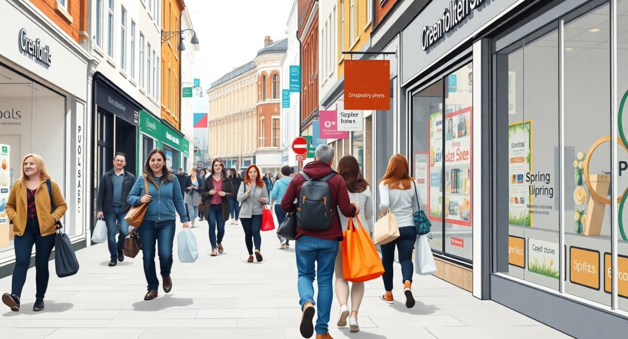 UK Retail Sales jump 0.7% in March, shoppers on a busy high street reflecting strong consumer spending.