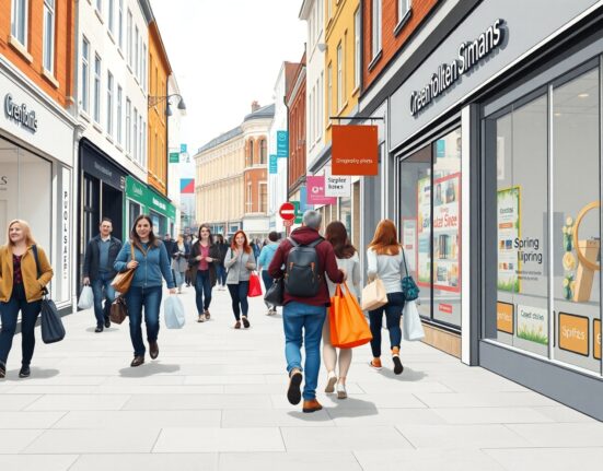 UK Retail Sales jump 0.7% in March, shoppers on a busy high street reflecting strong consumer spending.