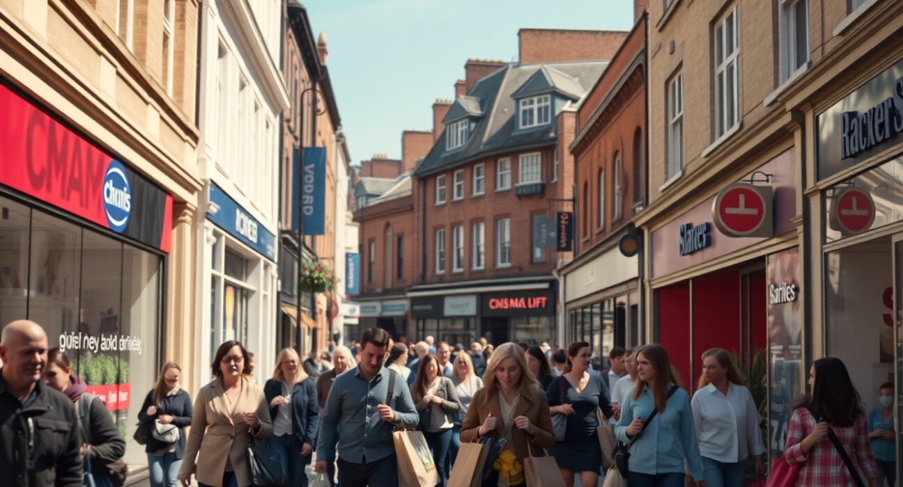 Shoppers on a busy UK high street on a sunny day in May, representing retail activity.