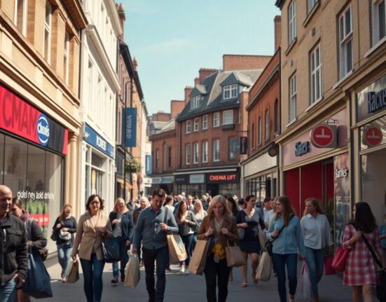 Shoppers on a busy UK high street on a sunny day in May, representing retail activity.