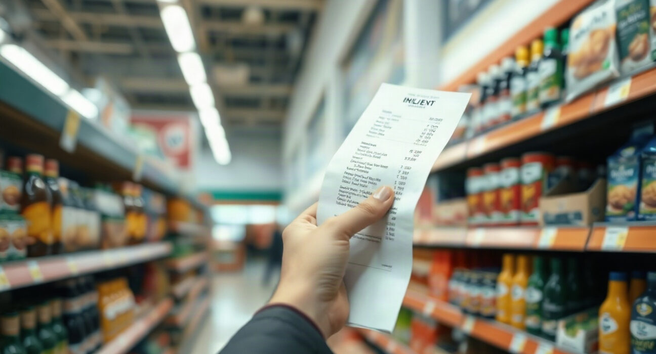 Shopper holding a receipt in a grocery store, illustrating UK RPI inflation data
