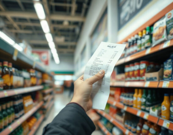 Shopper holding a receipt in a grocery store, illustrating UK RPI inflation data